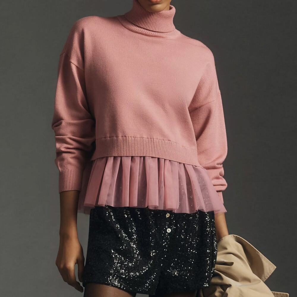 Sunday in Brooklyn Anthropologie Turtleneck Peplum Sweater Pink L NWT
